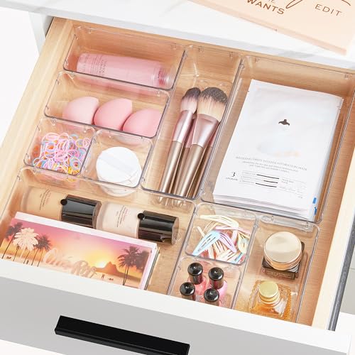 Vtopmart 25 PCS Clear Plastic Drawer Organizers Set, 4-Size Versatile Bathroom and Vanity Drawer Organizer Trays, Storage Bins for Makeup, Bedroom, Kitchen Gadgets Utensils and Office