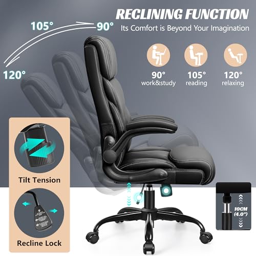 HeroSet Office Chair, Ergonomic Big and Tall Computer Desk Chairs, Executive Breathable Leather Chair with Adjustable Flip-up Armrests, Lumbar Support Swivel PC Chair with Rocking Function,Matte Black
