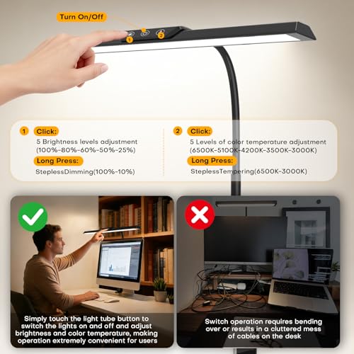 LED Desk Lamp for Office Home, Stepless Dimming Architect Desk Light with DC Adapter, Eye-Caring Desk Lamp with Clamp, 25 Lighting Modes Adjustable 12.8in Flexible Gooseneck for Workbench, Drafting