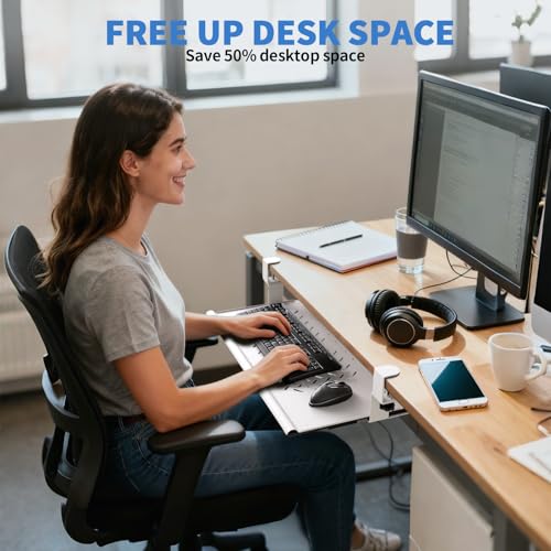 Strifuture Keyboard Tray Under Desk - Full Metal Slide Out Holder, Rust-Resistant & Scratch-Proof, Double C-Clamps, 26x13" Tray for L Shape/Regular Desks, Standing/Sitting Workstation(White-A)