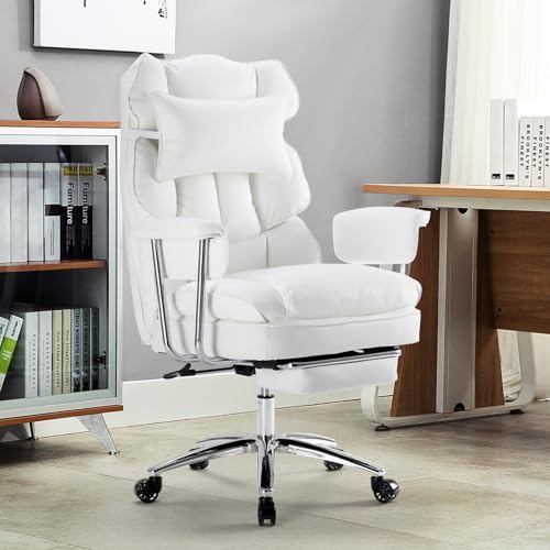 DUMOS Home Office Desk Executive Chair - Ergonomic Big Tall High Back with Footrest & Lumbar Support, Reclining Height Adjustable, Comfy PU Leather Computer Gaming with Swivel Wheels, White