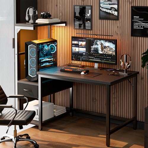 Grandder Gaming Desk 41 Inch with CPU Stand and LED Light, Computer Desk with Reversible Shelves and Storage Drawer, Pc Small Desk for Home Office Table with Bag, Carbon Fiber Black