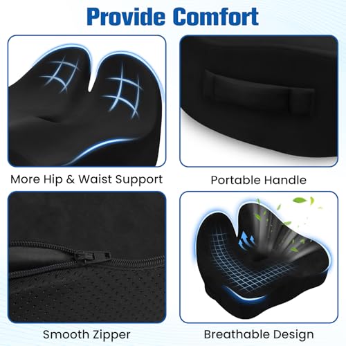 DailyCuddles Seat Cushion, Chair Cushions for Office Chairs/Desk Seats/Wheelchair - Hip&Sciatica&Tailbone Pain Relief Memory Foam Office Chair Cushion for Long Sitting Office Workers, Black