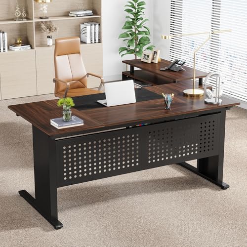 Tribesigns 63 Inch Executive Desk with File Cabinet, Large Office Desk L Shaped Computer Desk with Drawers and Storage Shelves, Business Furniture Desk for Home Office, Dark Walnut and Black