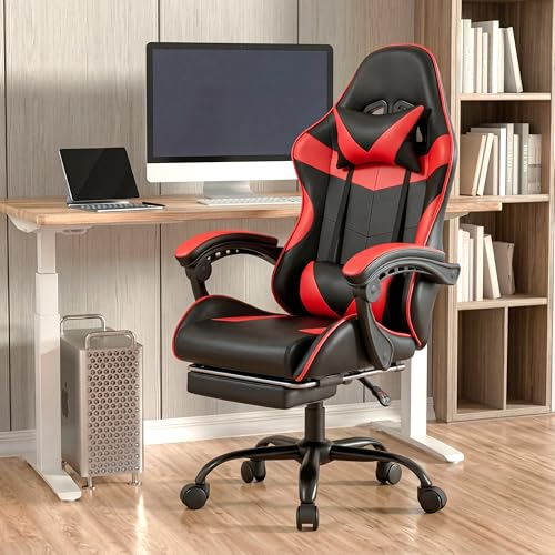 Ray Bear Gaming Chair, Ergonomic Computer Chair with Footrest and Lumbar Support, Height Adjustable Office Chair with 360° Swivel Seat and Headrest (Red & Black)