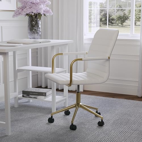Martha Stewart Taytum Swivel Task Chair with Armrests for Home Office in White Faux Leather with Polished Brass Frame