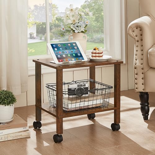YUFAM 2 Tier Printer Stand with Storage,Under Desk Shelf Printer Table, Rolling Printer Cart for Office,Home,Brown