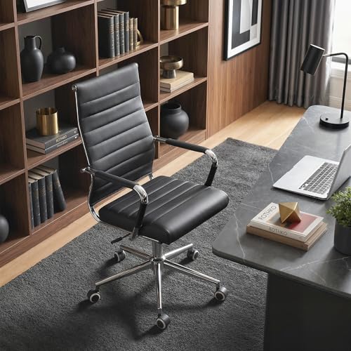 Okeysen Office Desk Chair, Ergonomic Leather Modern Conference Room Chairs, Executive Ribbed Height Adjustable Swivel Rolling Chair for Home Office. (Black)