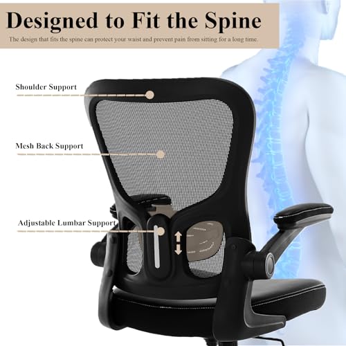 Office Chair, Mesh Ergonomic Desk Computer Chair with PU Leather Flip-up Armrest, Home Task Chair with Lumbar Support, Adjustable Executive Mid Back, Rolling Swivel,Black