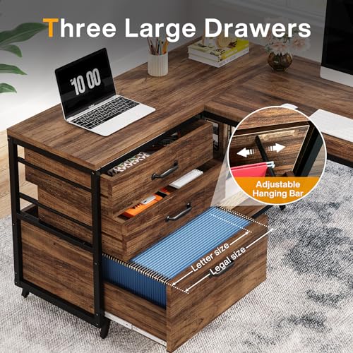 Tribesigns L-Shaped Computer Desk with 3 Drawers, Reversible Corner Home Office Desk with Shelves, 53-Inch Industrial PC Desk Study Writing Table Workstation for Small Space, Rustic Brown