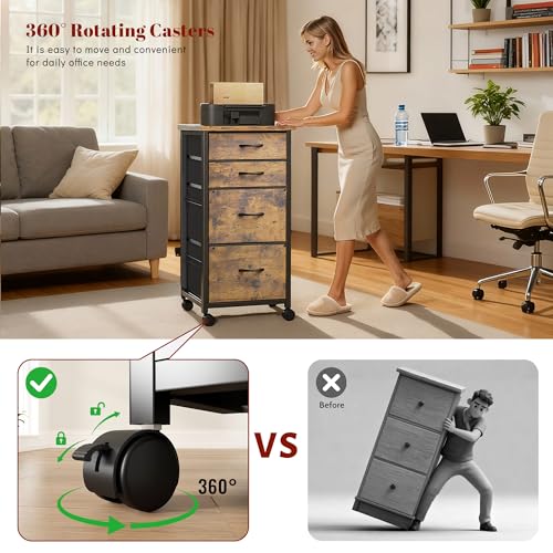 DurayLoly File Cabinet with 4 Fabric Drawers Rolling Printer Stand with Lockable Caster Fits A4/Letter/Legal Size, Home Office Storage, Rustic Brown