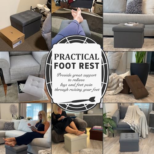 LINMAGCO Ottoman Storage Ottoman with Storage Small Foot Rest Stool Under Desk Stool Short Folding Footrest Linen Cloth Dark Gray 16X12X12IN