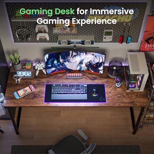 Huuger Computer Desk, 55 Inch Home Office Desk, Gaming Writing Work from Home Study Desk, Large Legroom, Sturdy Metal Frame, Modern Simple, Rustic Brown