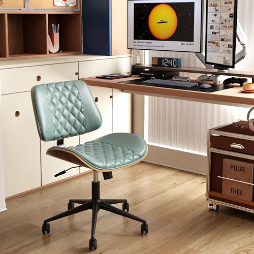 zavxzren Home Office Chair No Arms with Wheels, Armless Adjustable Height Small Desk Chair, Armless PU Leather Computer Chair Mid Back 360 Swivel, Modern Walnut, Reading Meeting Room (Green)