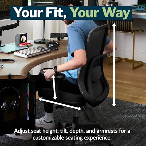 Vari Ascent Ergonomic Desk Chair for Home Office with Wheels, Breathable Mesh Back, Lumbar Support, Adjustable Seat Depth & Height, 20 Degree Tilt Function – Easy Assembly (Black/Black)