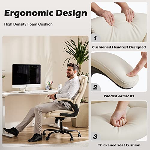 DUMOS PU Leather Office Chair - Ergonomic Executive Computer Desk Chairs with Adjustable Flip-up Armrest, Swivel Task Chair with Lumbar Support, Strong Metal Base, Cream White