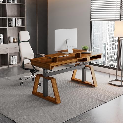 EUREKA ERGONOMIC L Shaped Desk 63", Solid Walnut Wood Top, Executive Standing Desk Adjustable Height, Dual Motor Corner Workstation with Drawers & Monitor Shelf for Home Office, Left