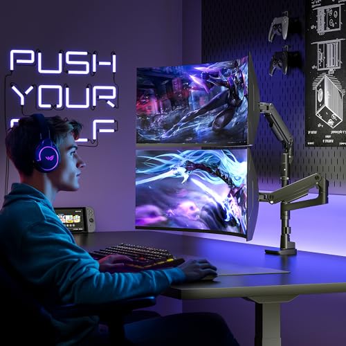 ARES WING Dual Monitor Arm Desk Mount for 17-49 Inch Ultrawide Monitors, Heavy Duty Dual Monitor Mount Holds 44 lbs, Full Motion Gas Spring Vertical Stacked Monitor Mount, 75/100 VESA Mount, Black