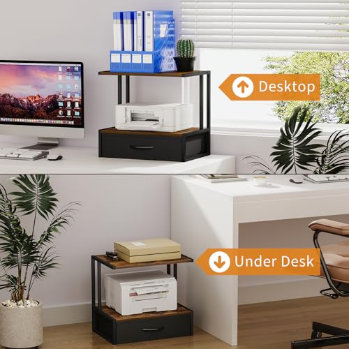 VYUOL Printer Stand with Storage for Desk, with Fabric Drawer Desktop Printer Stand Shelf Organzier for Home Office, for Above and Under Desk Printer Table, Fax Machine Copier Scanner, Brown