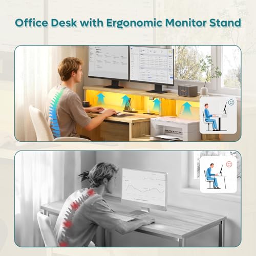 Bestier 55" Computer Desk with Power Outlets & LED Lights, Home Office Desk with Lockable File Drawer & Printer Shelf, Monitor Stand, Modern Workstation for Gaming Study, Natural Oak