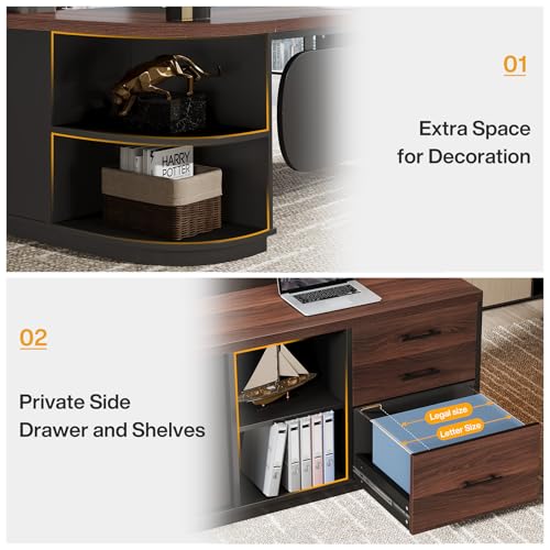 Tribesigns 80'' L-Shaped Desk, Large Executive Office Desk with 55'' Drawers Cabinet, Modern Computer Table with Storage Shelves, Business Furniture for Home Office, Walnut & Black