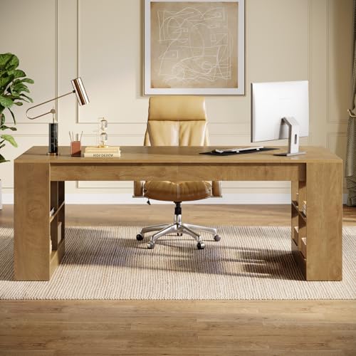 Tribesigns 70.9-Inch Executive Desk with Storage, Large Office Computer Desk with Shelves, Modern Wood Writing Table Business Furniture Workstation for Home Office, Rustic Brown