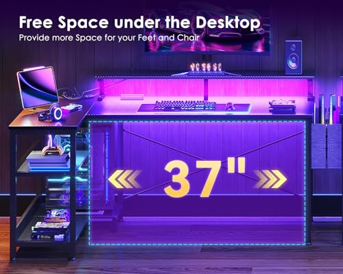 ODK 48 Inch Gaming Desk with USB Charging Ports and LED Lights, Reversible L Shaped Computer Desk with Storage Shelves & Monitor Stand, Corner Gamer Desk Table with Power Outlets, Black
