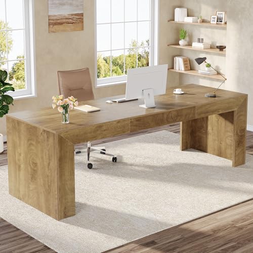 Tribesigns 78.7-Inch Long Computer Desk for 2 People, Farmhouse Executive Desk with Wooden Desktop and Legs, Large Workstations Writing Table Gaming Table for Home Office, Heavy Duty, Brown