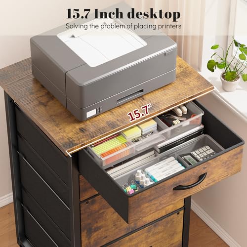 DurayLoly File Cabinet with 4 Fabric Drawers Rolling Printer Stand with Lockable Caster Fits A4/Letter/Legal Size, Home Office Storage, Rustic Brown