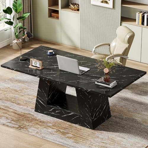 Tribesigns Modern Executive Desk, 63-Inch Large Office Desk Workstation, Simple Style Computer Desk Study Table with Sturdy Base, Wooden Faux Marble Writing Desk for Home Office, Black