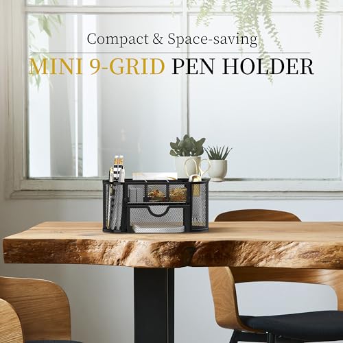 SUPEASY Mesh Desk Organizer, Desk Accessories & Workspace Organizers with Drawers, Pencil Holder for Desk with 9 Compartments for Office Supplies, School, Classroom, 8.6 x 4.3 x 4.1 Inch, Black