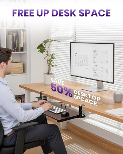 Zontera Ergonomic Mouse & Keyboard Tray Under Desk, Pull Out with Adjustable C-clamp, 20 (25.9 Including Clamps) x 11.8 Inch Slide Out Computer Keyboard Drawer Mouse Tray for Typing, Walnut