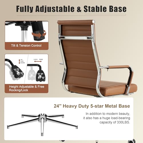 Okeysen Office Desk Chair, Ergonomic Leather Modern Conference Room Chairs, Executive Ribbed Height Adjustable Swivel Rolling Chair for Home Office. (Brown)