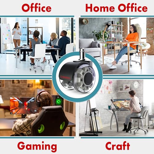 SEDDOX Office Chair Wheels Replacement Set of 5 - Dual 2 Inch Soft Chair Casters for Hardwood Vinyl Tile - Heavy Duty & Safe for All Floors - Universal Fit Most Computer Gaming & Desk Chairs - Grey