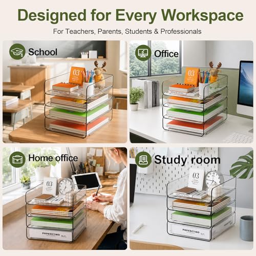 FANXIYQ 4-Tier Acrylic Paper Tray Organizer, Clear Stackable Desk File Organizer for Documents, Files, Letters, A4 Paper, Books, Notes, Mail & Paper Storage, Office Classroom Home