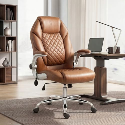 NEO CHAIR Executive Office Chair High Back Ergonomic Computer Desk Chair with Adjustable Lumbar Support Padded FILP-up Arms PU Leather Comfy Task Tilt Swivel for Home (Brown)