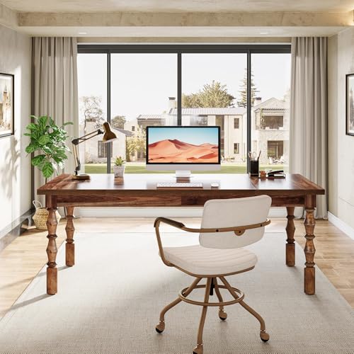 Tribesigns Large Executive Office Desk, 62.2-Inch Farmhouse Modern Computer Desk, Mid Century Study Writing Table Workstations Business Office Furniture with Carved Turned Legs (Walnut)
