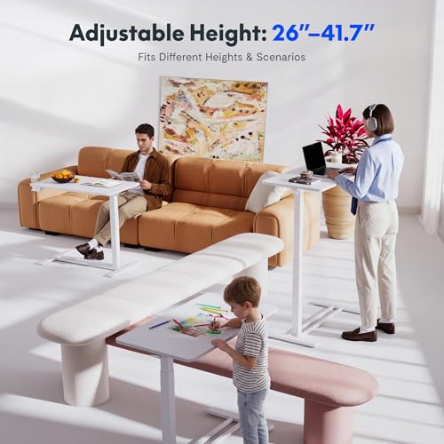 FLEXISPOT H7 Adjustable Overbed Bedside Table with Wheels Pneumatic Mobile Standing Laptop Desk Rolling Computer Cart Movable Overbed Table Hospital Home Use (31.5" W x 17.7" D, White Large)