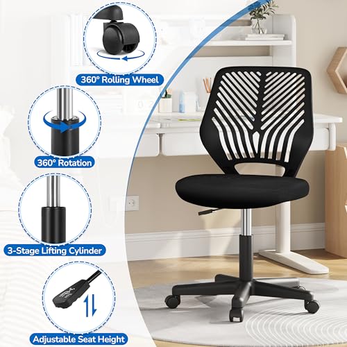Yaheetech Student Desk Chair, Low-Back Armless Study Chair with Lumbar Support, Adjustable Swivel Office Chair for Home Bedroom School, Black
