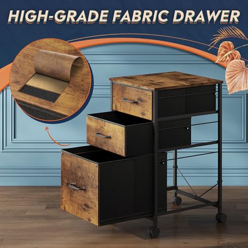 DEVAISE Mobile File Cabinet, Rolling Printer Stand with 3 Drawers, Fabric Vertical Filing Cabinet fits A4 or Letter Size for Home Office, Rustic Brown Wood Grain Print