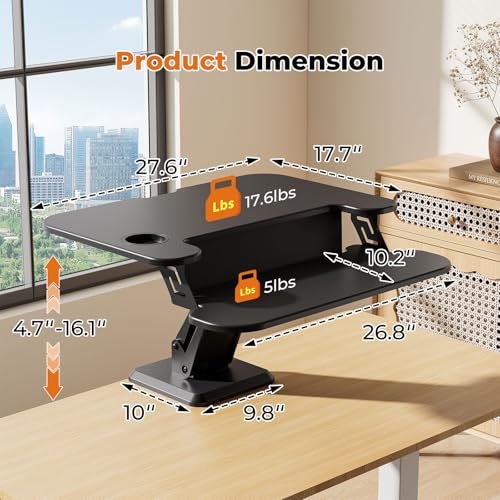 JYLH JOYSEEKER 28" Standing Desk Converter, Height Adjustable Clamp Desktop Riser with Keyboard Tray, Sit Stand Monitor Riser Workstation for Home Office, Magnets Inclued, Black