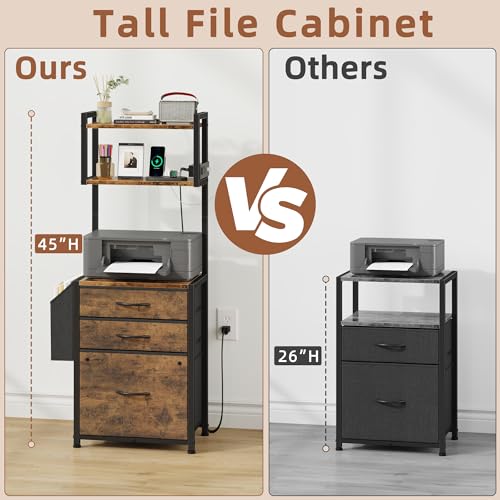 HIGDBFE 3 Drawer File Cabinet with Charging Station, 45''H, 3-Tier Small Filing Cabinet for Home Office, 11''*16'' for Small Printer, Fabric Drawer Fits Letter/A4, Tall Printer Stand, Rustic Brown