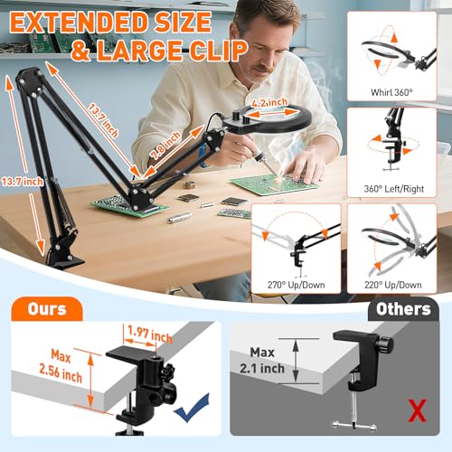 KIRKAS 12X Magnifying Glass with Light and Stand, Extra-Long Arm Magnifying Lamp Overhead Knob for Workbench Craft, Sewing, LED Lighted Magnifier Real Glass Lens Stepless Dimming and Color(35in Clamp)