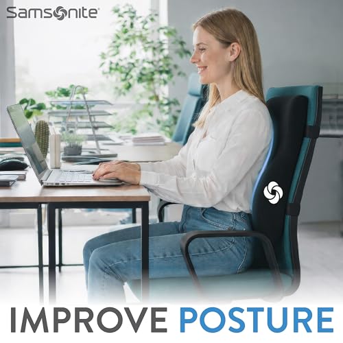 Samsonite Memory Foam Lumbar Support Pillow, Ergonomic Back Cushion for Office Chair, Gaming Chair, Automotive Full Back Support, Home Essentials for Sitting Comfort and Posture Relief, Black