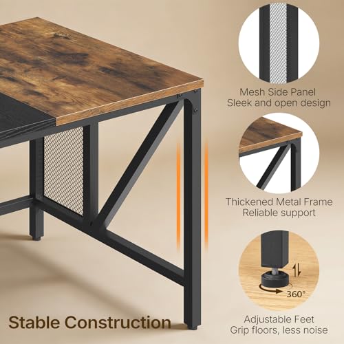 YATINEY 70.9" Computer Desk with Power Outlets, Gaming Desk, Large Office Executive Desk Workstation, Business Furniture for Home Office, Study, Rustic Brown and Black DN18UBR