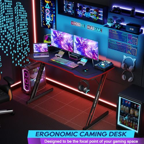 BestOffice Gaming Desk Z Shaped 47 inch PC Computer Desk Computer Workstation Ergonomic Gaming Table with Headphone Hook for Game Players, Black&Red
