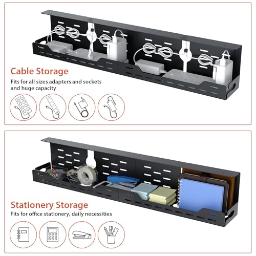 Univivi Under Desk Cable Management Tray - 32" Steel Cord Organizer, No-Drill C-Clamp & Screw Mount for Office/Home, Effortless Wire Management (Black)