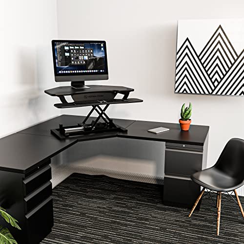 VERSADESK PowerPro 36" Corner Standing Desk Converter, 36 Inch Motorized Height-Adjustable Standup Desk Riser Sit to Stand Desktop with Keyboard and Mouse Tray + USB Charging Port, Black