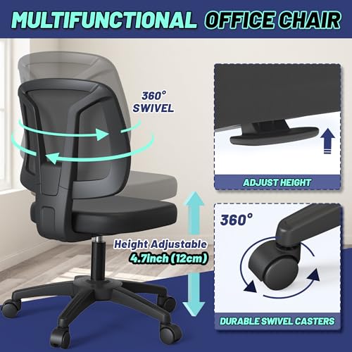 Armless Office Desk Chair No Arms with Back Support Rolling Wheels for Home Study Work