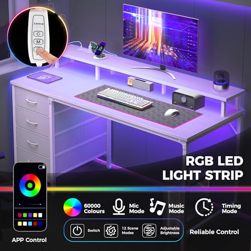 DUMOS 47 Inch Computer Desk 4 Drawers Gaming Desk Power Outlets LED Lights Office Workstation Small Spaces Monitor Shelf Writing Table Home Office Bedroom Study White
